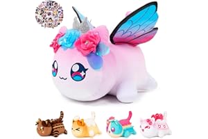 Apushmeu 61-PCS - 11-inches Fairy Cat Plush + 60-Sticker Meows Cat Plush Collection - 100% Polyester Plushie Pillow Embroidered - Soft Cat Stuffed Animal Collectible