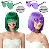 rookea 2 Pack Colored Bob Wigs and Heart Sunglasses, Green Light Purple Short Straight Bob Wig with Bangs Neon Party Colorful Synthetic Hair for Women Men Halloween Costume Bachelorette Party Favors