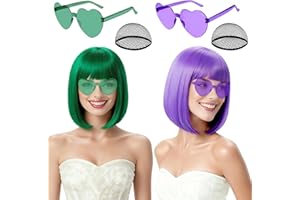 rookea 2 Pack Colored Bob Wigs and Heart Sunglasses, Green Light Purple Short Straight Bob Wig with Bangs Neon Party Colorful Synthetic Hair for Women Men Halloween Costume Bachelorette Party Favors