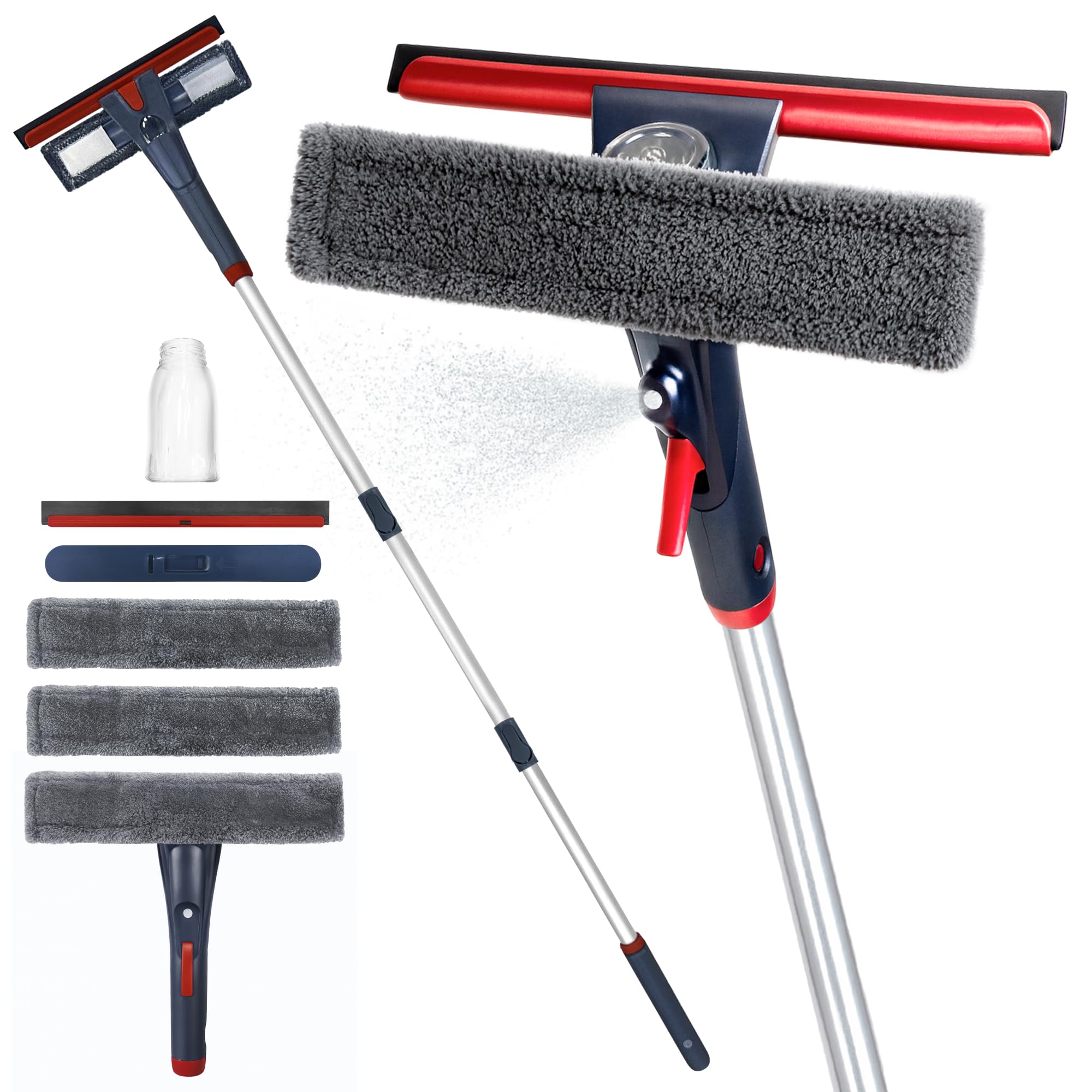 Photo 1 of DSV Standard Window Squeegee with 2 Spray Triggers, Window Cleaning Kit with Extendable Pole 23’’- 76.7’’, Rubber Scraper and 3X Microfiber Clothes for 2 Story Houses, Shower, Glass, Mirror