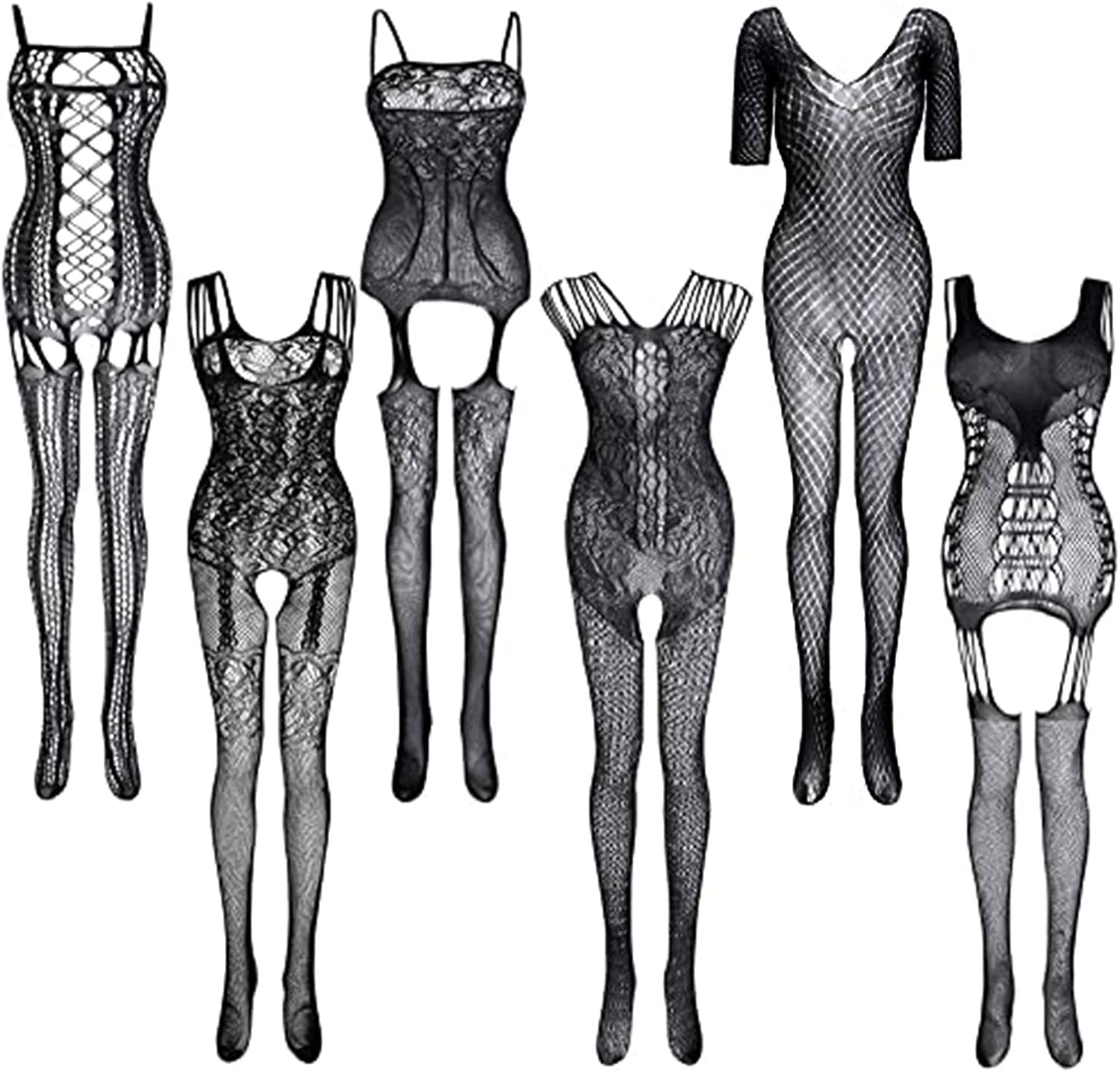 GVIANCXI 6-Pack Women Fishnet Bodystocking Long Sleeve Babydoll Bodysuit Sleepwear Nightwear Black: Clothing