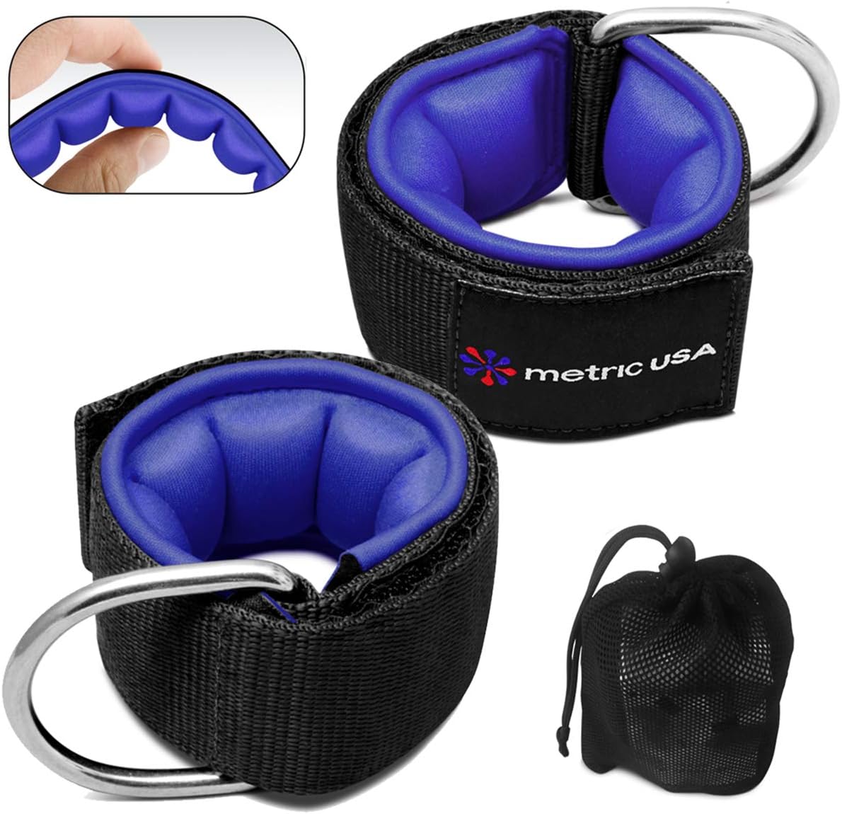 metric usa Premium Ankle Straps Padded Cuff Pair for Cable Machines–Glute Kickback Leg Pulley Straps Gym Fitness Ab Workout Exercises with Strong D-Ring Attachment BONUS Pouch & Odor Remover
