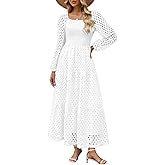 Women's Fall Long Puff Sleeve Maxi Dress Smocked Square Neck Lace Hollow Out Eyelet A Line Boho Flowy Wedding Guest Dresses