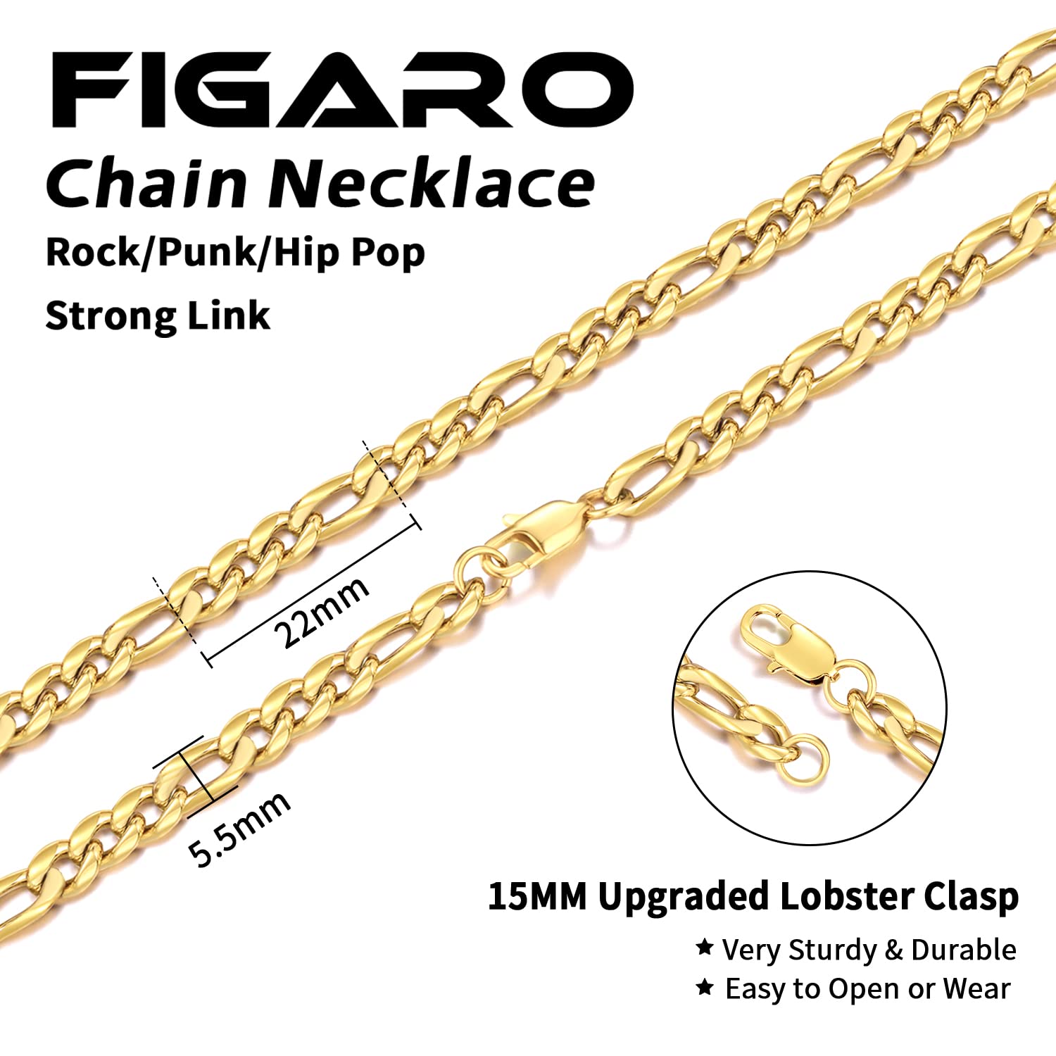 Jewlpire Silver Chain Gold Chain for Men, 14K Gold Plated Men's Chain Necklaces Cool Figaro Chain for Men, Hip-Hop 5.5mm/7mm Mens Chain 16 18 20 22 24 26 Inch