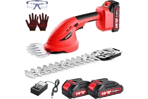 FULLJION Hedge Trimmer Cordless,2 in 1 Hedge Shrub Grass Shears,21 V Electric Hedge Trimmer Grass Cutter Bush Trimmer with 2 PCS Rechargeable Battery for Garden, Lawn, Yard (Red)