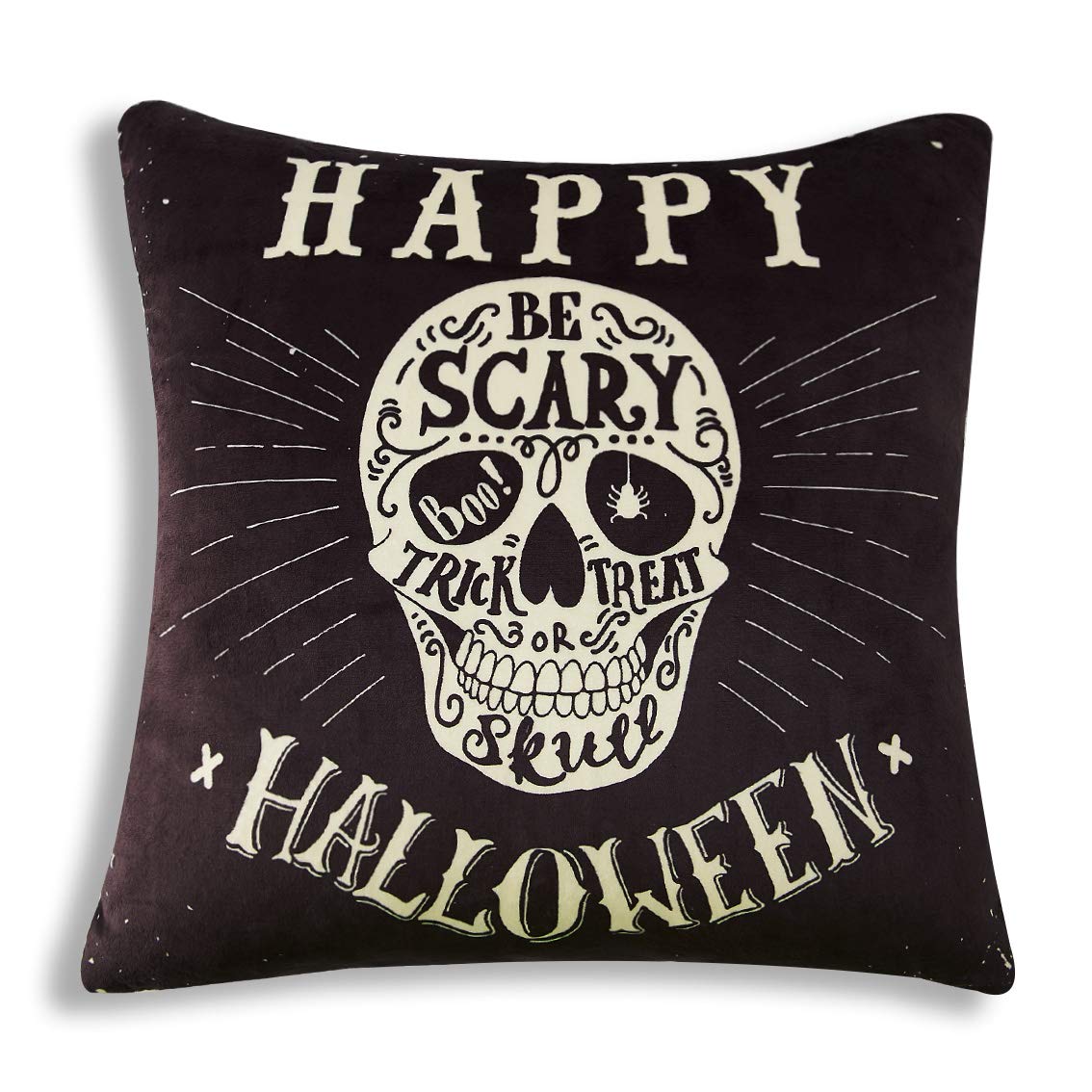 TUONROAD Trick or Treat Novelty Breathable Throw Pillow Happy Halloween Skull Be Scary Spider Printed Pillowcase Insert Original Black Soft Velvet Zipper Hidden Fluffy Cushion for Theme Party Decor