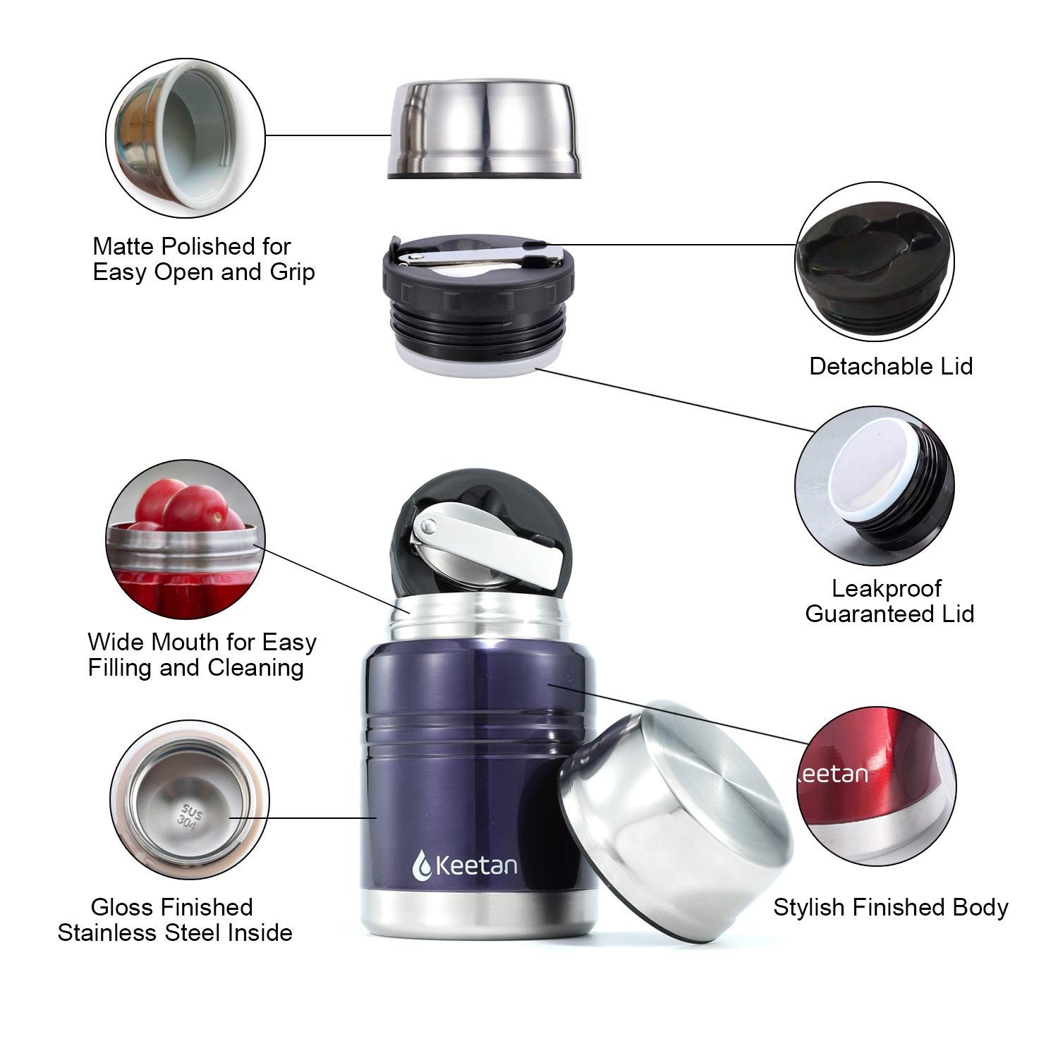 SOMIGA Insulated Stainless Steel Food Jar with Folding Spoon,Bag-Vacuum Double Wall, BPA Free,Unbreakable,Leak Proof, Hot and Cold Preservation Food Container (26OZ, Blue)