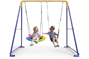 SKYLARKJOY Swing Sets for Backyard, Toddler Swing Set with 2 Seat 1 Saucer & 1 Belt Seat, 440lbs Heavy-Duty Swing Frame w/8 Ground Stakes, A Frame Outdoor Swingset for Kids and Adults for Backyard