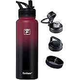 Fanhaw 40 oz Insulated Water Bottle – Stainless Steel Flask with 3 Lids (Straw, Spout, Carabiner) | Durable, Leakproof, for Hiking, Camping, Outdoor Adventures & Travel (Red Black)