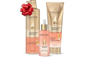 Pantene Abundant & Strong 3-Piece Regimen with B5 Complex + Niacinamide, Shampoo (13.5 oz), Conditioner (8 oz), Serum (2 oz) for Hair Loss, Thinning, Anti-Breakage, Volume - Grows Healthier