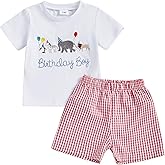 Mobbdow Toddler Baby Boy Birthday Outfit Letter Animals Balloon Embroidery Short Sleeve T-Shirt and Gingham Plaid Shorts Set