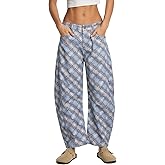 Women's Printed Barrel Jeans Wide Leg Baggy Denim Pants Mid Rise Boyfriend Plaid Pants Y2k Distressed Trousers