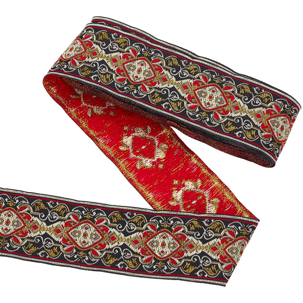 FINGERINSPIRE 7m Red Black Vintage Jacquard Ribbon 48mm Wide Floral Vine Pattern Woven Trim Ethnic Style Embroidery Polyester Ribbons Fabric Trim for Clothing Sewing Craft, Gift Wrapping