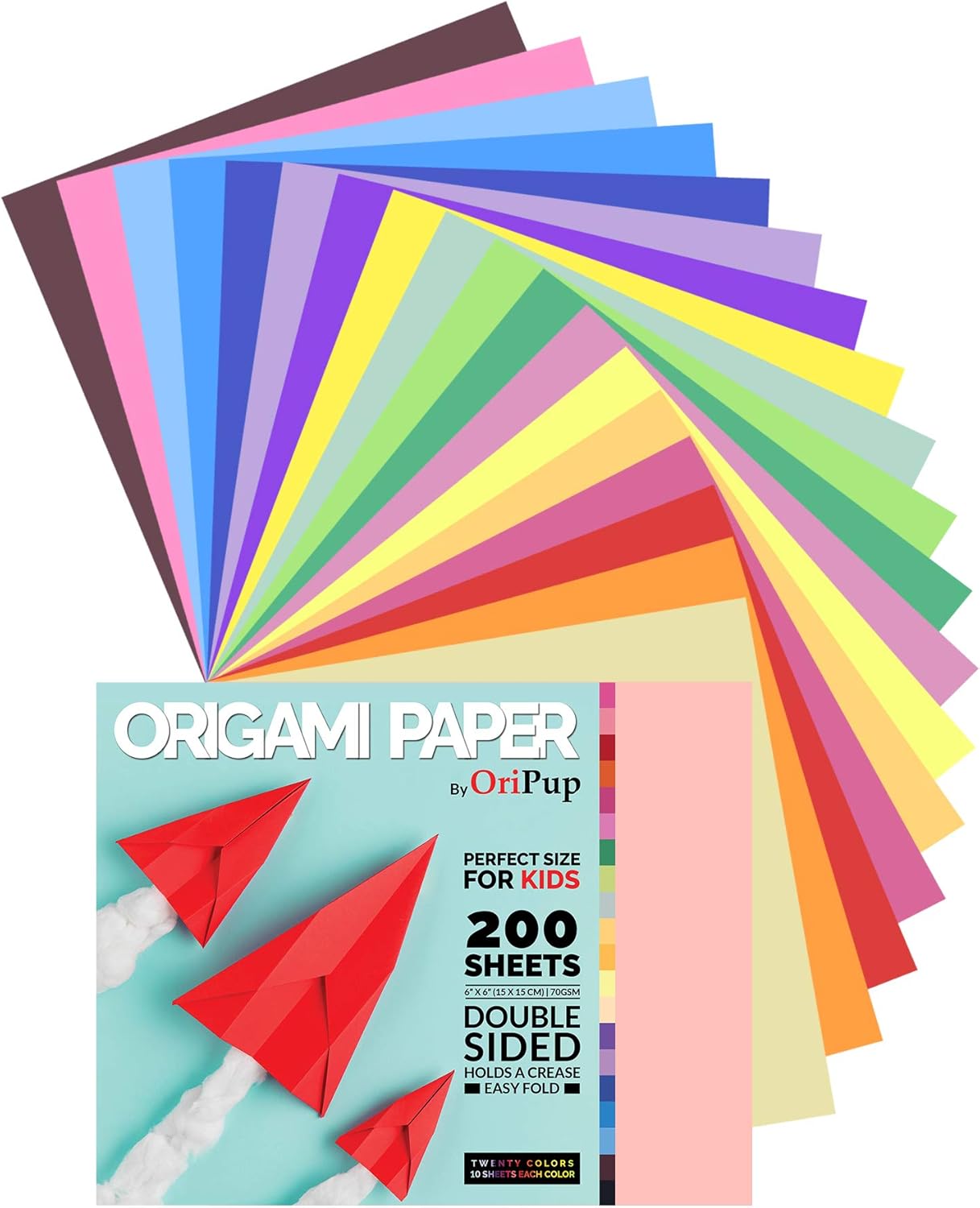 Oripup Origami Paper Double Sided - 200 Sheets in 20 Colors for Crafts - 6x6 inch Colored Square Paper for Kids, Adults and Beginners