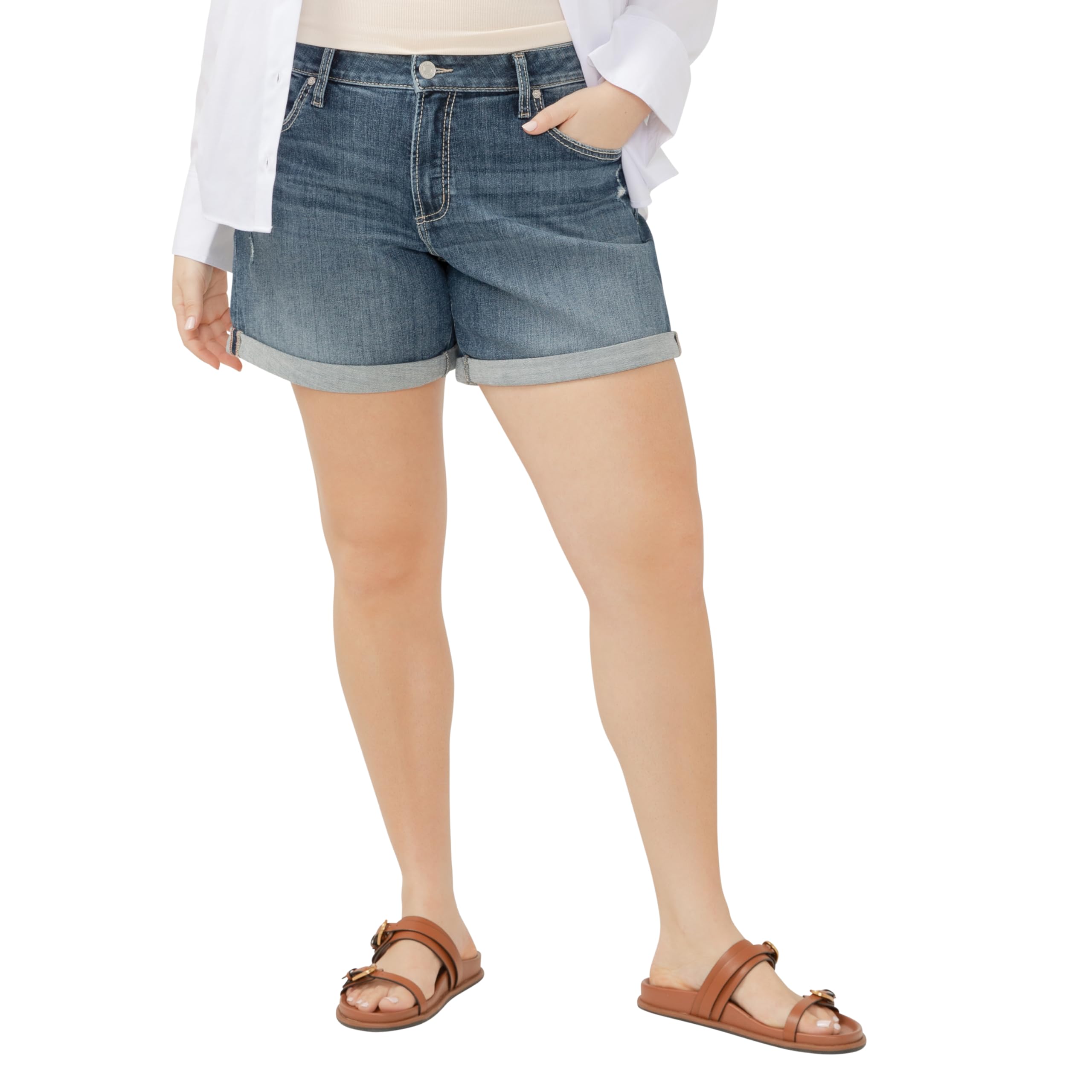 Silver Jeans Co. Women’s Plus Size Boyfriend Mid Rise Short, Dark Wash