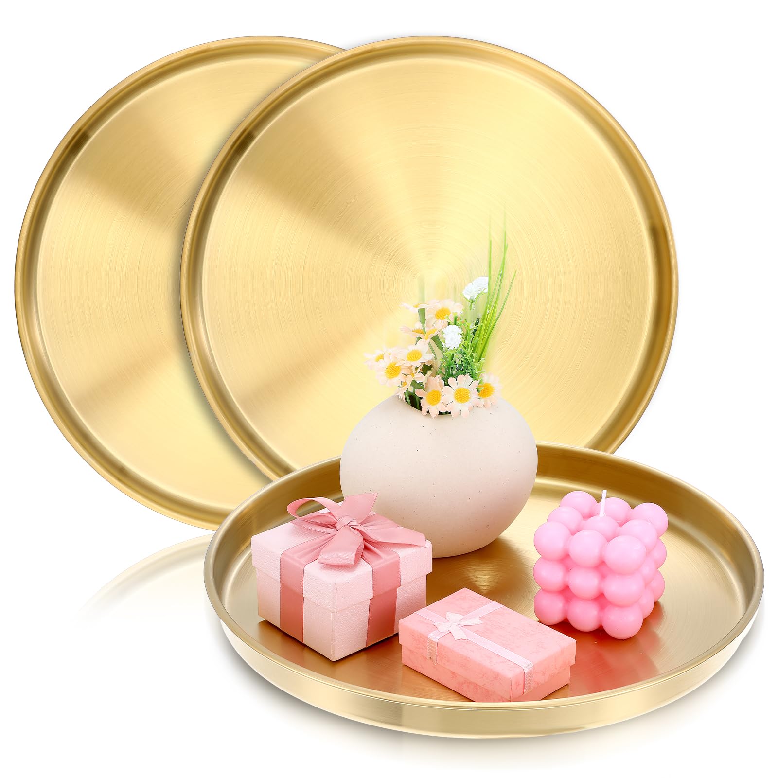 Photo 1 of 3 Pcs Gold Tray, 12 inch Round Serving Tray Stainless Steel, Bar Circle Decorative Plate, Coffee Table Metal Decor Dishes, Vanity Tray Jewelry Makeup Organizer for Bathroom Candle Perfume