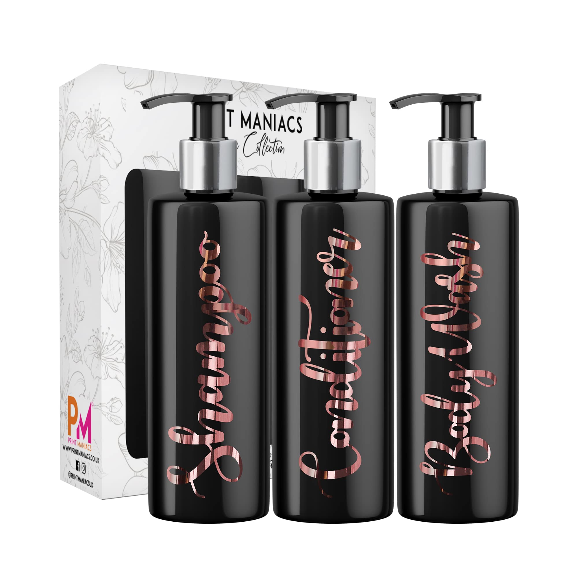Print Maniacs 3 Set Mrs Hinch Inspired Black Personalised Dispenser Pump Bottles Shampoo Conditioner Body Wash (Rose Gold)
