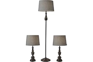 Adesso 3-Piece Lamp Set: Two Table Lamps & One Floor Lamp – Bronze Finished Base, Dark Herringbone Shade, Stylish and Cohesive Lighting for Any Space