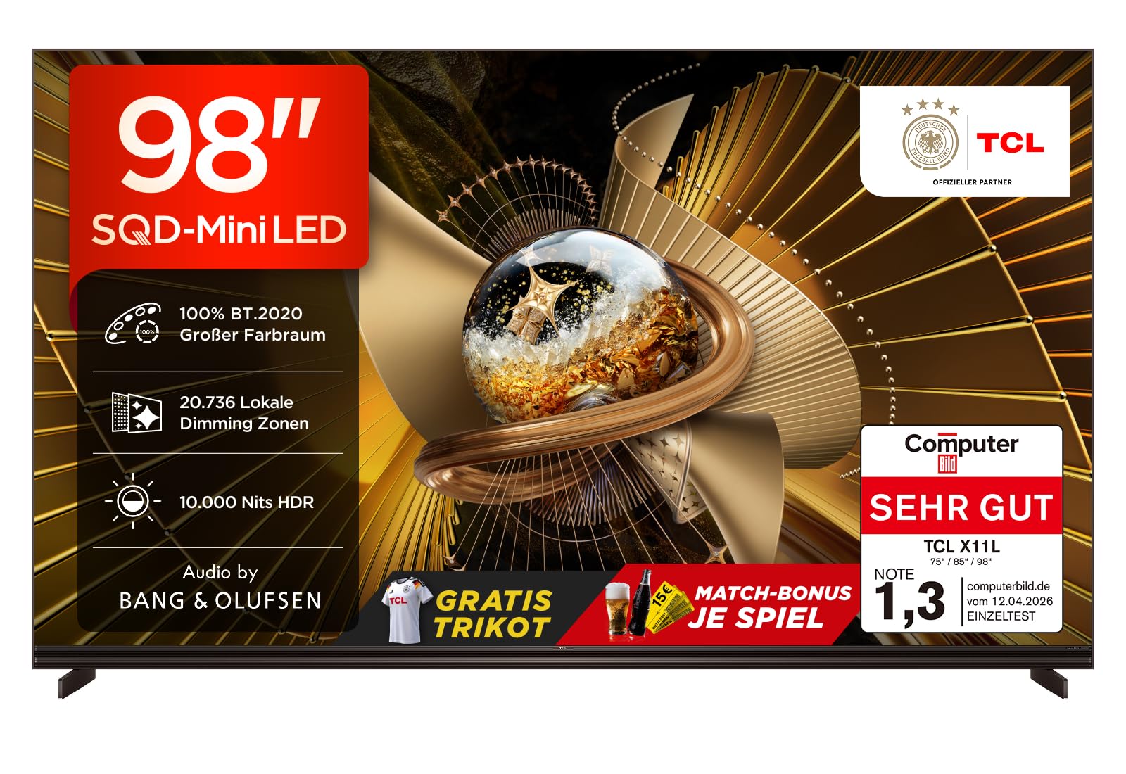 TCL 98X11L 98 Zoll 4K SQD-Mini LED TV, 100% BT.2020, 10.000 Nits, 20.736 Local Dimming Zonen, Antireflexion, 144 Hz, Bang & Olufsen Sound, Ultra Slim Design, Google TV