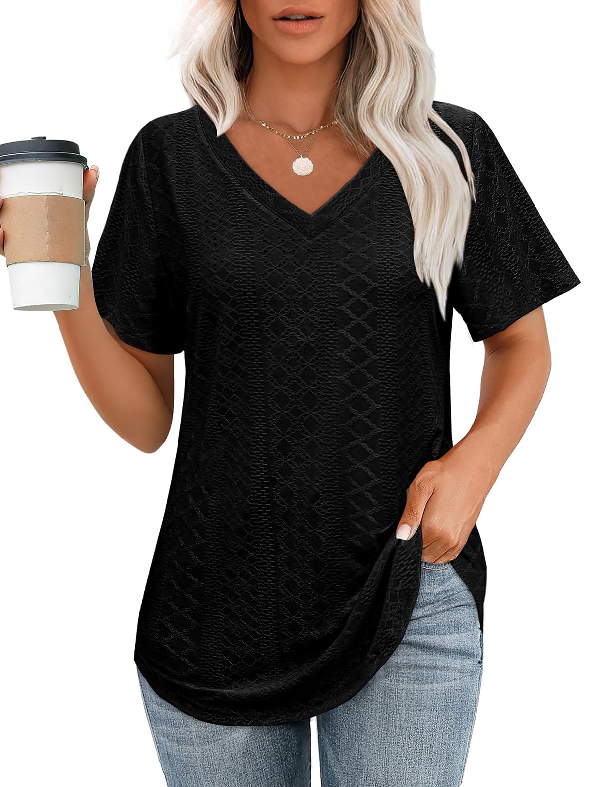 Photo 1 of OFEEFAN Womens Tops Workout Short Sleeve V Neck T Shirts 2025 Summer Trendy Loose Fit Business Casual Outfits for Women Clothing Black XL