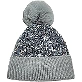 LEOMOSTE Women Girls Winter Sequin Beanie Hat with Faux Fur Pom Pom Knit Skull Cap