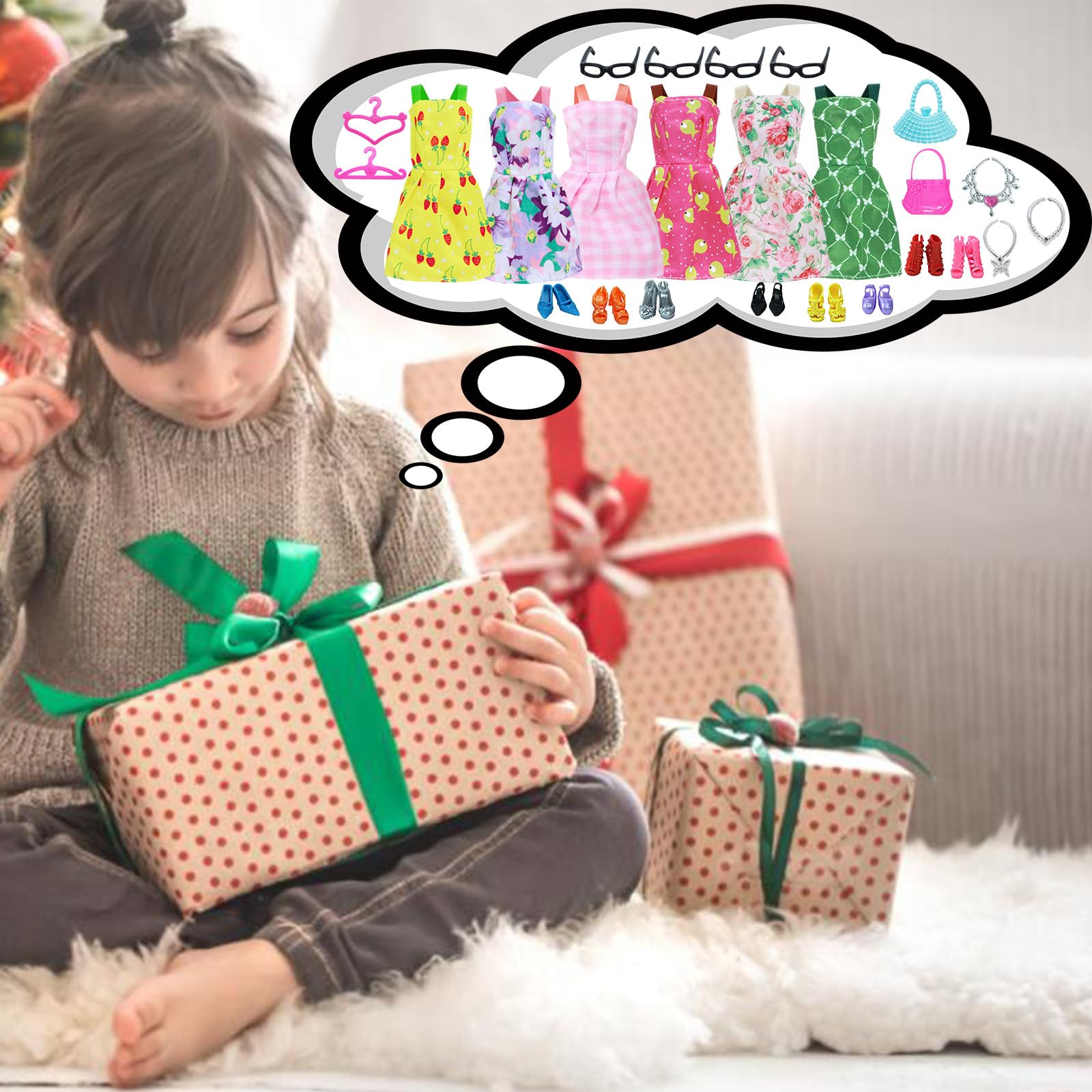 BJDBUS 42 pcs Doll Clothes and Accessories Including 10 pcs Fashion Mini Dresses 32 pcs Shoes, Glasses, Necklaces, Handbag, Hangers Accessories for 11.5 Inch Girl Doll