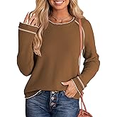 Dokotoo Womens Tops Long Sleeve Shirts Waffle Knit Tops Crewneck Fashion 2024 Casual T Shirts Loose Shirts Basic Tee