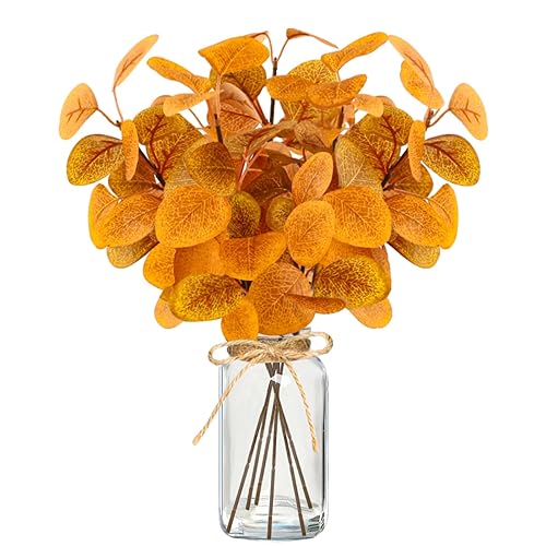 Bessol Fall Faux Eucalyptus Stems in Glass Vase 14.2" 6pcs Artificial Autumn Eucalyptus Branches with Vase Fall Home Table Decor Fake Fall Plants Stems for Farmhouse Kitchen Bathroom Decorations