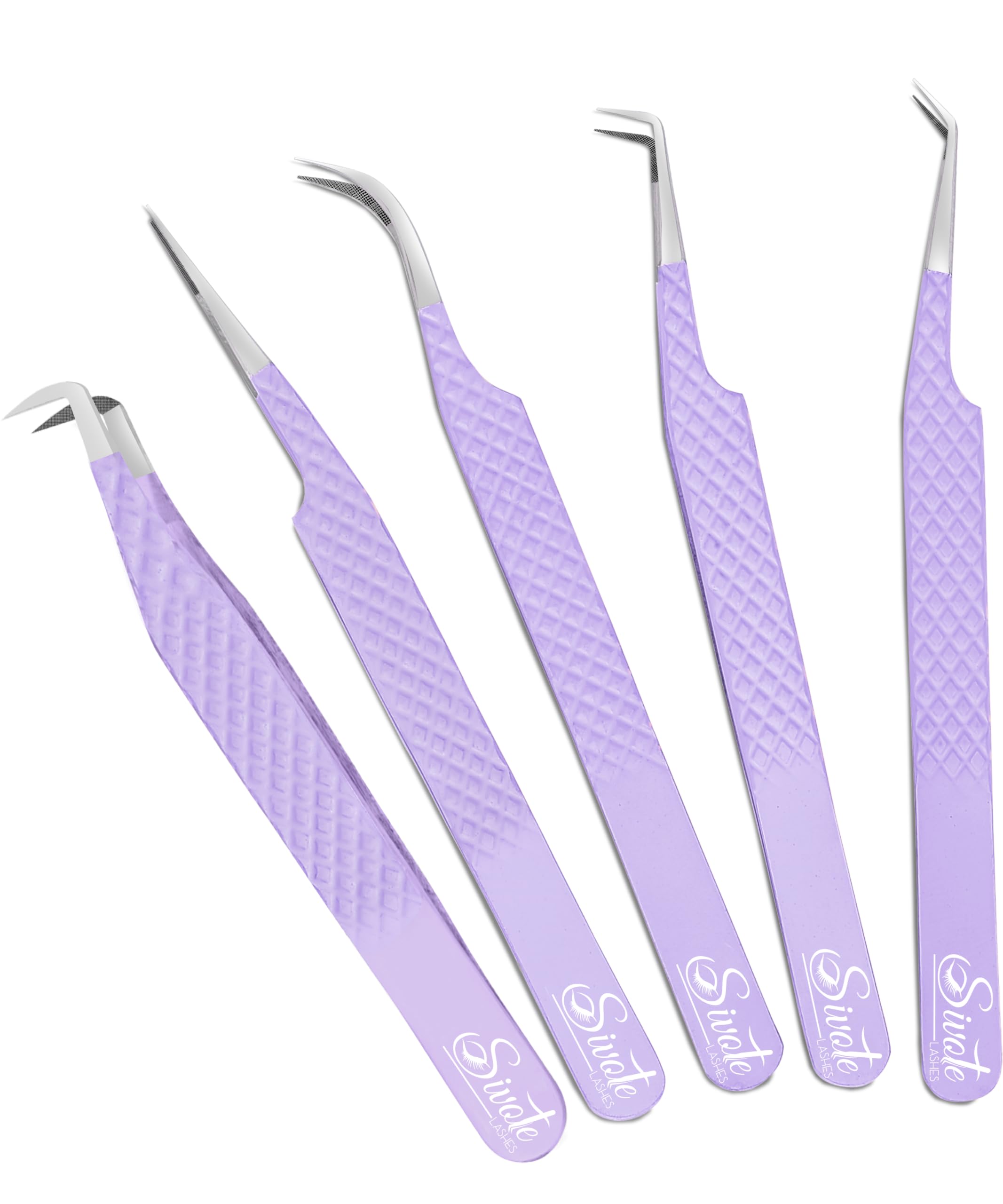 Photo 1 of SIVOTE Lash Tweezers for Eyelash Extensions, Pack of 5 Purple – Lash Extension Tweezers Set with Diamond Grip, Precision Fiber Tip for Volume Eyelash Extensions
