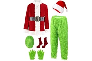 Earado Christmas Green Furry Monster Santa Costume for Men 7 PCS Deluxe Adult Santa Suit Xmas Holiday Outfit Set Include Mask S