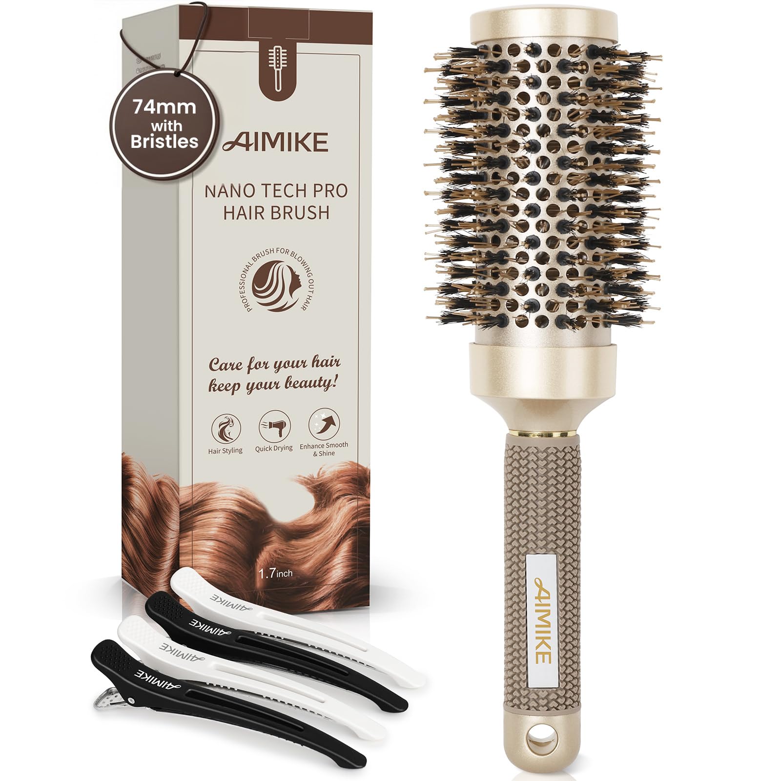 AIMIKE Round Hair Brush, Nano Thermal Ceramic & Ionic Tech Round Brush, RoundBrushes for Blow Drying with Boar Bristles, Barrel Brush for Styling, Curling,Add Volume & Shine (74mm,Barrel 43mm)