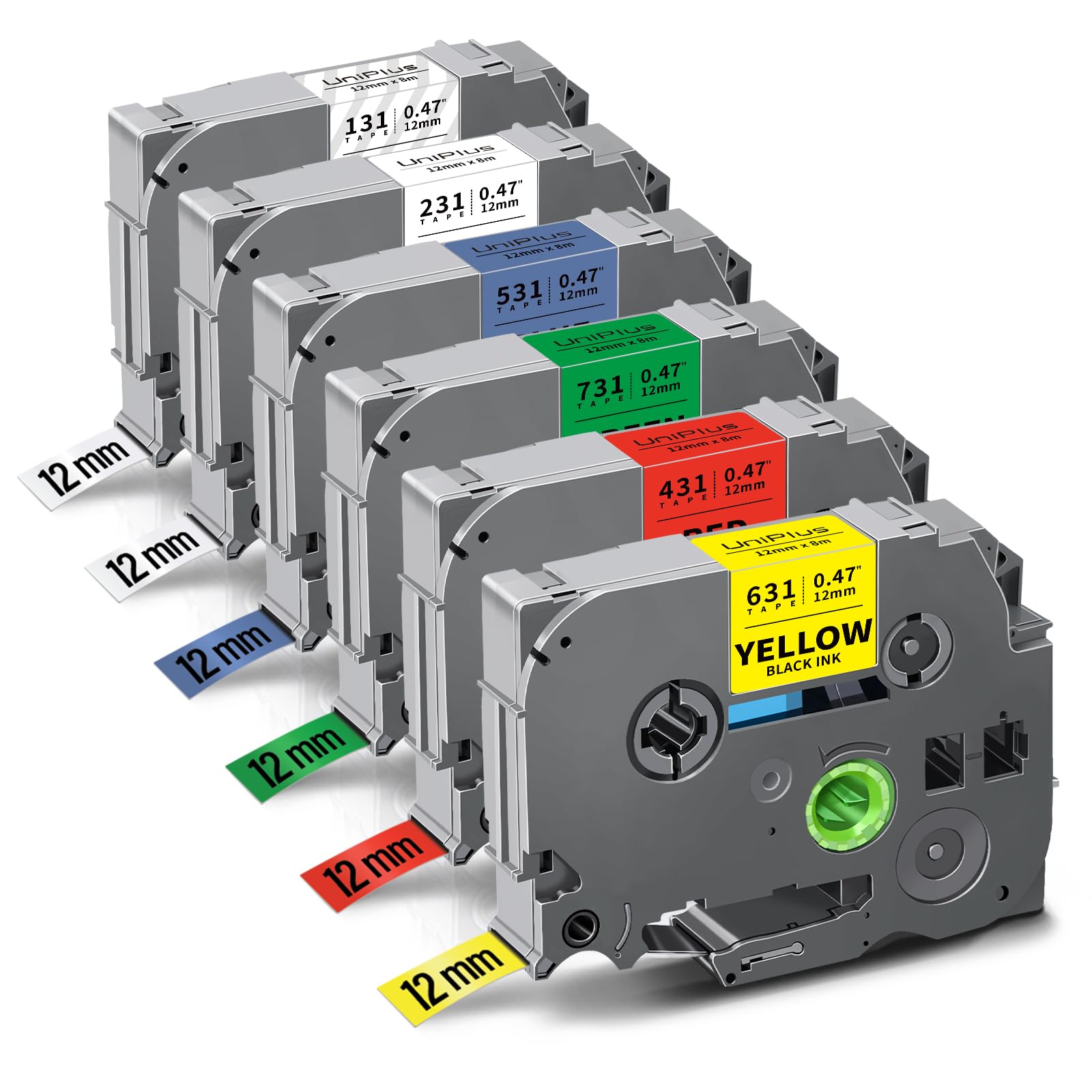 UniPlus Compatible 12mm Label Tape Replacement for Brother P-Touch TZe Laminated TZe-231 TZe-131 TZe-631 TZe-431 TZe-531 TZe-731 Work with PT-D200 PT-D210 PT-P750W PT-E110 PT-E300 PT-D400, 6-Pack