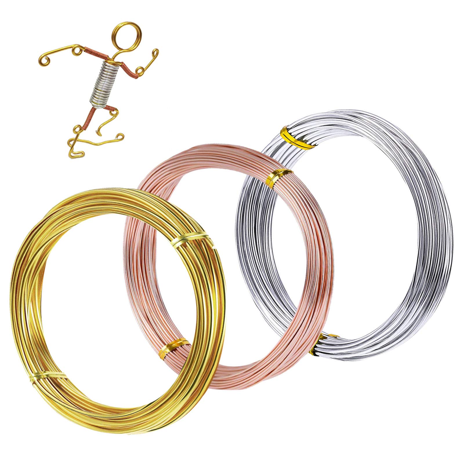 Cinvo 3 Rolls Craft Wire Jewelry Beading Wire Flexible Aluminum Wire Tarnish Resistant for DIY Jewelry Craft Making (12 Gauge/2mm Thick, Silver, Gold and Rose Gold)