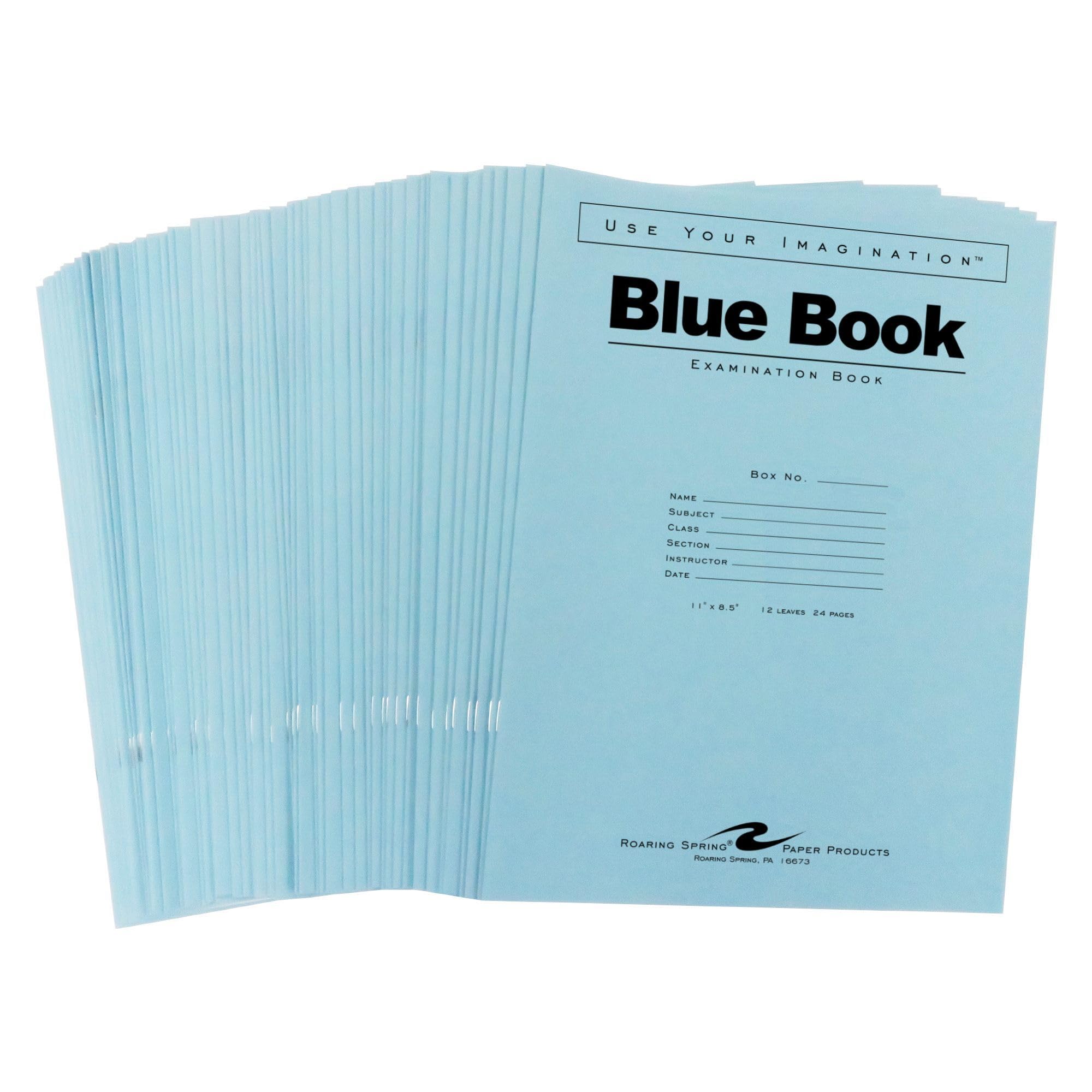 Photo 1 of ROARING SPRING Exam Blue Books, 50 School Examination Booklets, 11" x 8.5", 12 Sheets/24 Pages, Wide-Ruled with Margin Student Testbook, Made in USA