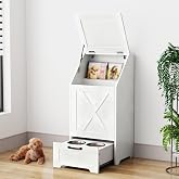 Pet Feeding Station with Storage Cabinet &amp; 2 Elevated Bowls,Hooks,White | Flip-top Sealed Food Bin.Pull-out Bowl Drawer with Wheels.3 Side Hooks+Internal Shelf for Cans.Anti-tip Device.For Dogs/Cats.