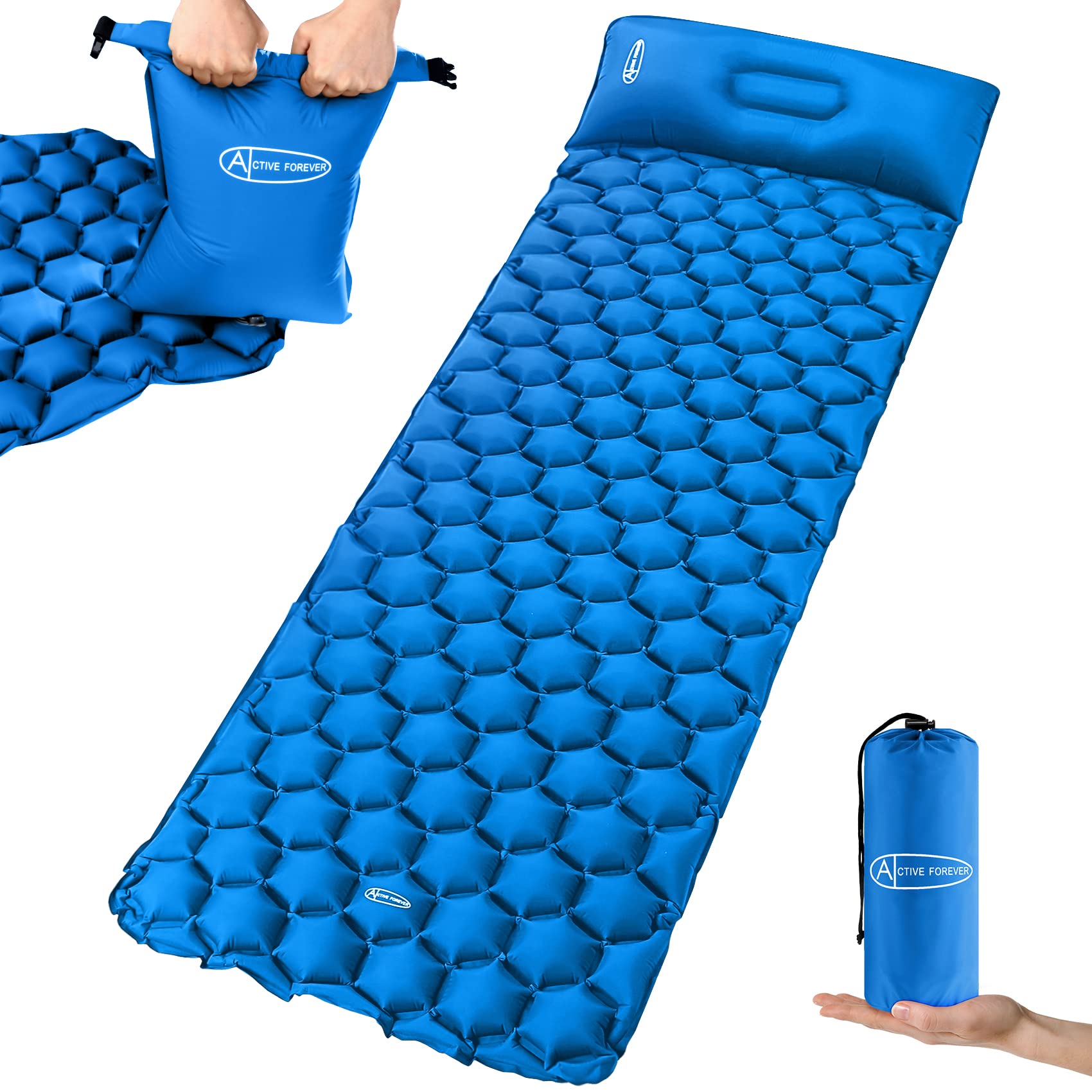 ACTIVE FOREVER Inflatable Camping Mat, Ultralight Sleeping Mat with Pillow and 20L Pump Bag, Waterproof Air Mattress Single Pad Bed for Outdoor Backpacking Hiking Beach, Blue