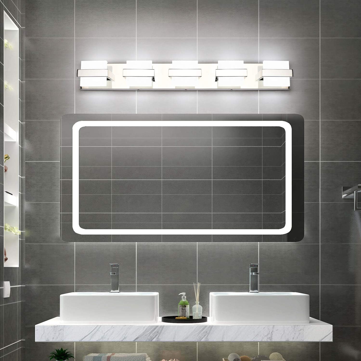 SOLFART Modern Bathroom Vanity Lights 5 Lights LED Over Mirror Fixture Acrylic Stainless Steel Wall Light - - 