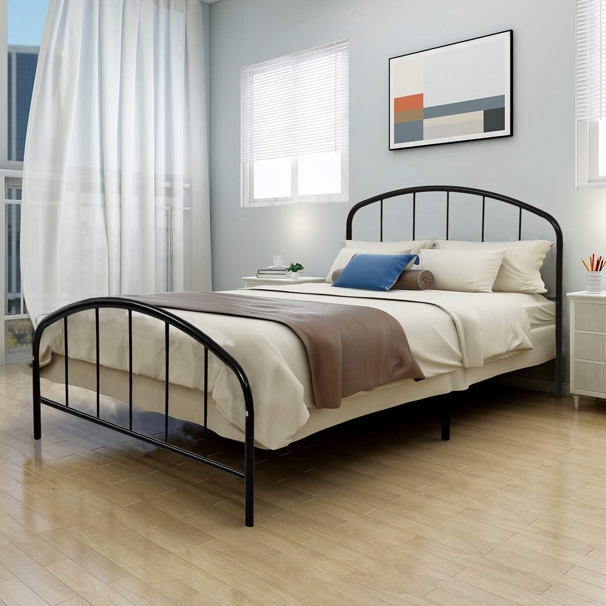 JURMERRY Metal Bed Frame Queen Bed Platform with Steel Headboard & Footboard Support Box Spring Mattress Foundation Double Beds (Queen, Black)