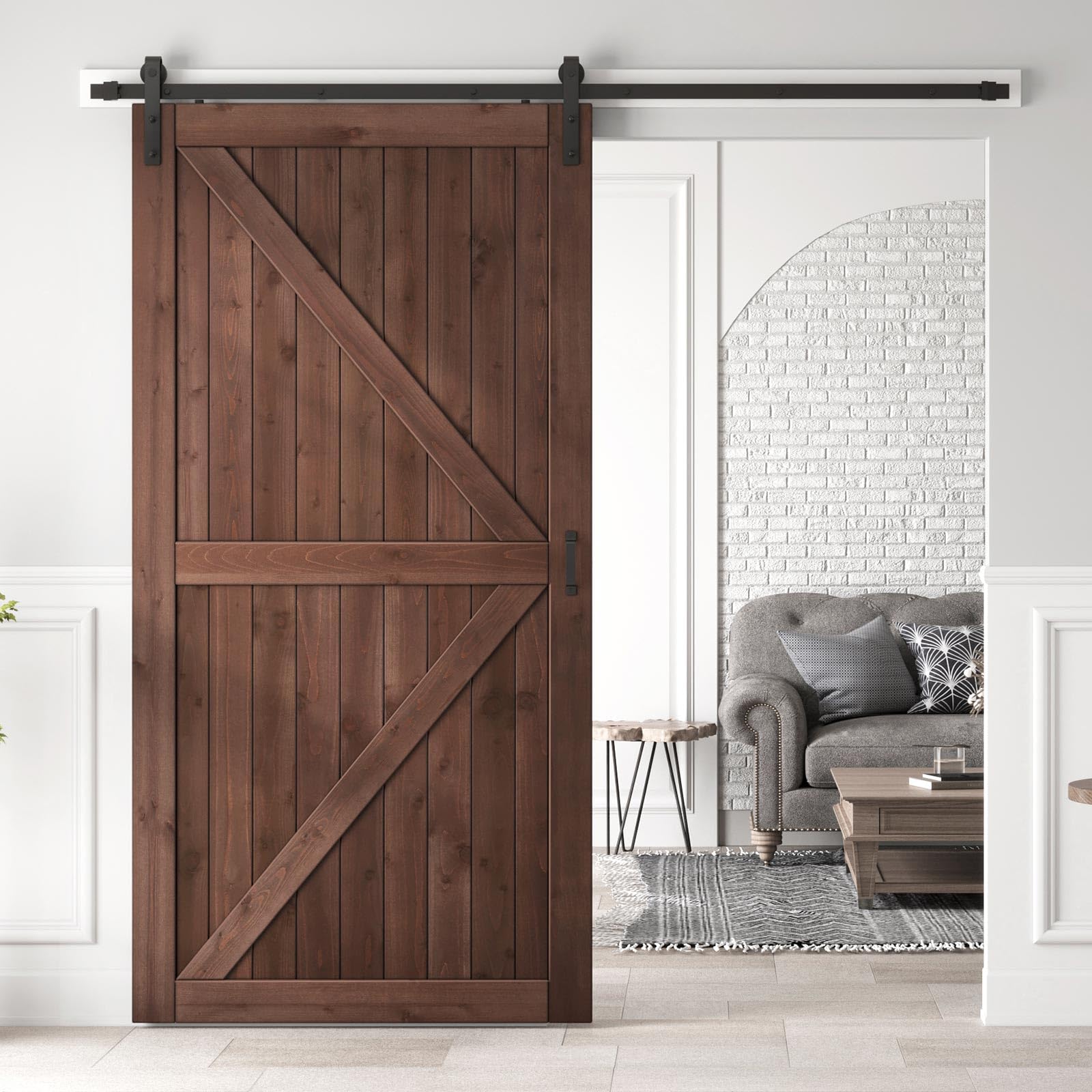 Photo 1 of ROYMELO 48x96 inch Sliding Barn Wood Door Slab with 8ft Hardware Kit and Handle, Coffee, K Shape, Simple DIY Assembly