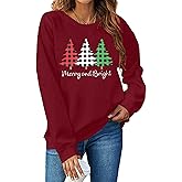 Merry and Bright Sweatshirts Women Funny Leopard Printed Plaid Christmas Trees Long Sleeve Shirt Xmas Graphic Pullover Tops