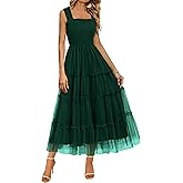 BTFBM Women's 2025 Summer Midi Dress Casual Sleeveless Square Neck Smocked Ruffle Tulle Party Wedding Guest Dresses