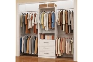 DOOLORIC Closet System, 4FT-8FT Closet Organizer System with 3 Wooden Drawers Walk-in Closet Storage System with 5 Expandable Hanging Rods Garment Rack Wall Mount White