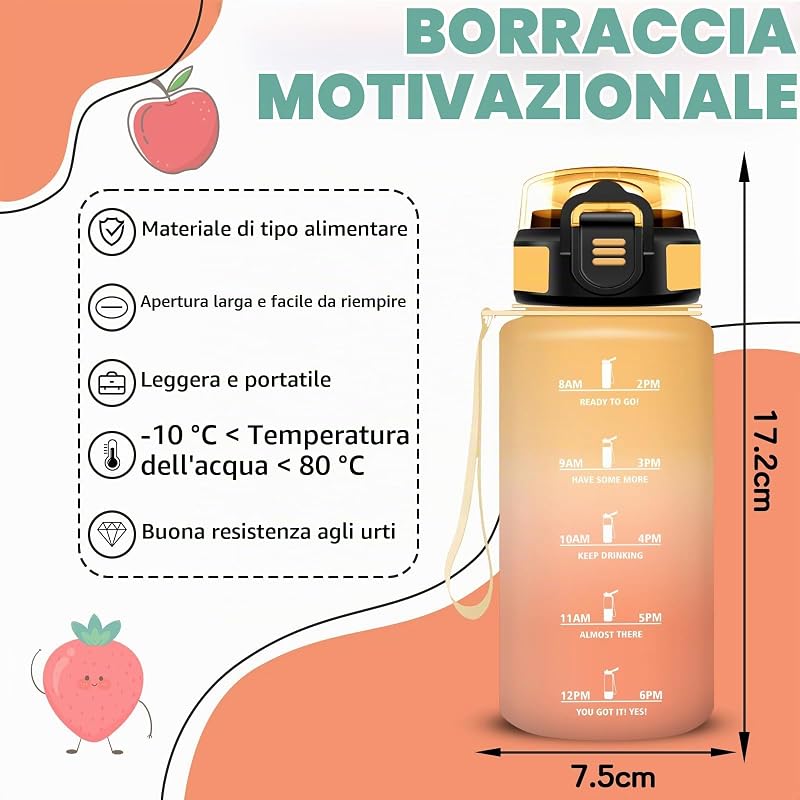 Borraccia- 500ml- Borraccia Bambini, Borracce con Cannuccia, Senza Perdite, Water Bottle Motivazionale, Facile da Trasportare, Bottiglia con Orari per Bere, Con Slogan Motivazionale, per Scuole, Sport