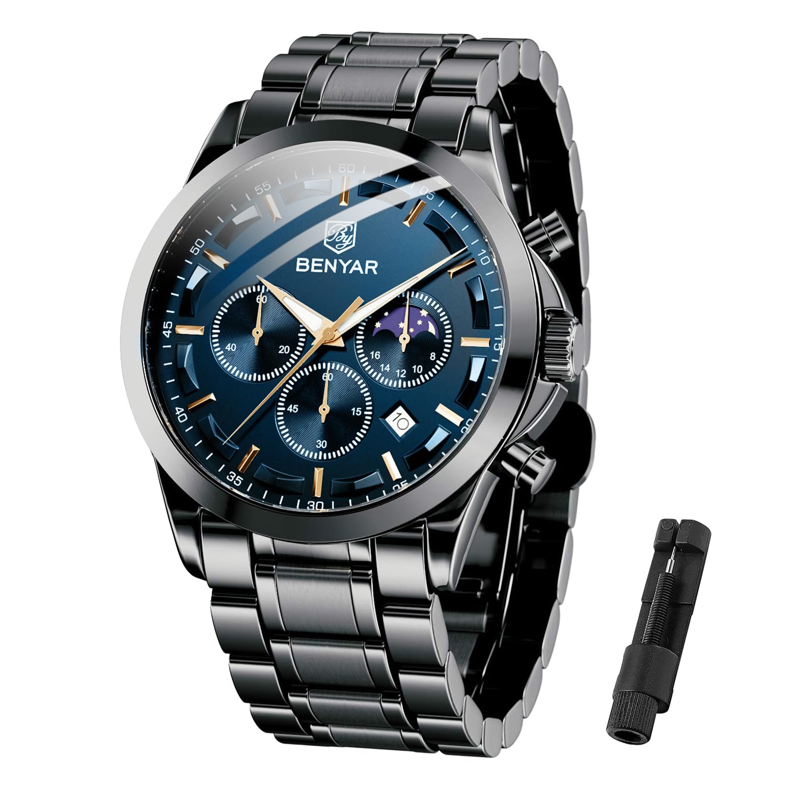 BY BENYAR Men's Watch UK Wristwatches for Men Easy-to-Read Watches Men Luxury Waterproof Chronograph Sliver/Gold/Blue/Black Leather/Stainless Birthday/Christmas/Fathers Day Gift