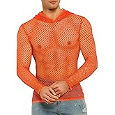 EHSUYAB Mens Mesh Shirt, Long Sleeve Muscle Workout Hoodie, Sheer See Through Base Layer, Fishnet Sexy Top Rave Outfits Club