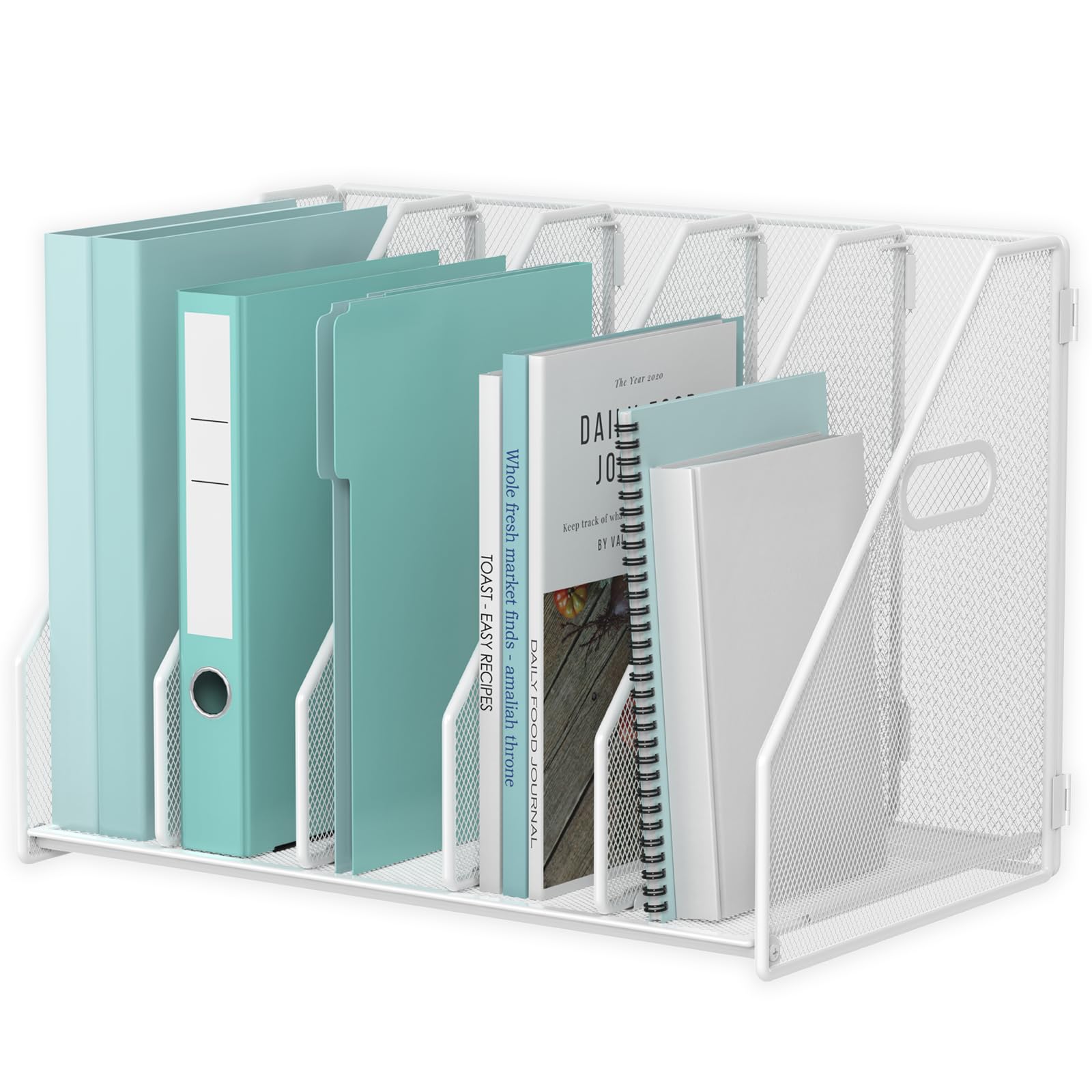 Photo 1 of MINDEPOT Desk File Organizer Metal Desk Magazine Folder Holder with 5 Vertical Compartments Rack File Organizer for Office, Home, School (White)