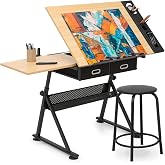 MoNiBloom 39&lsquo;&rsquo; Adjustable Drafting Table &amp; Stool Set with Storage, Natural | Versatile Art Desk and Craft Center Home Study Room Artist Desk