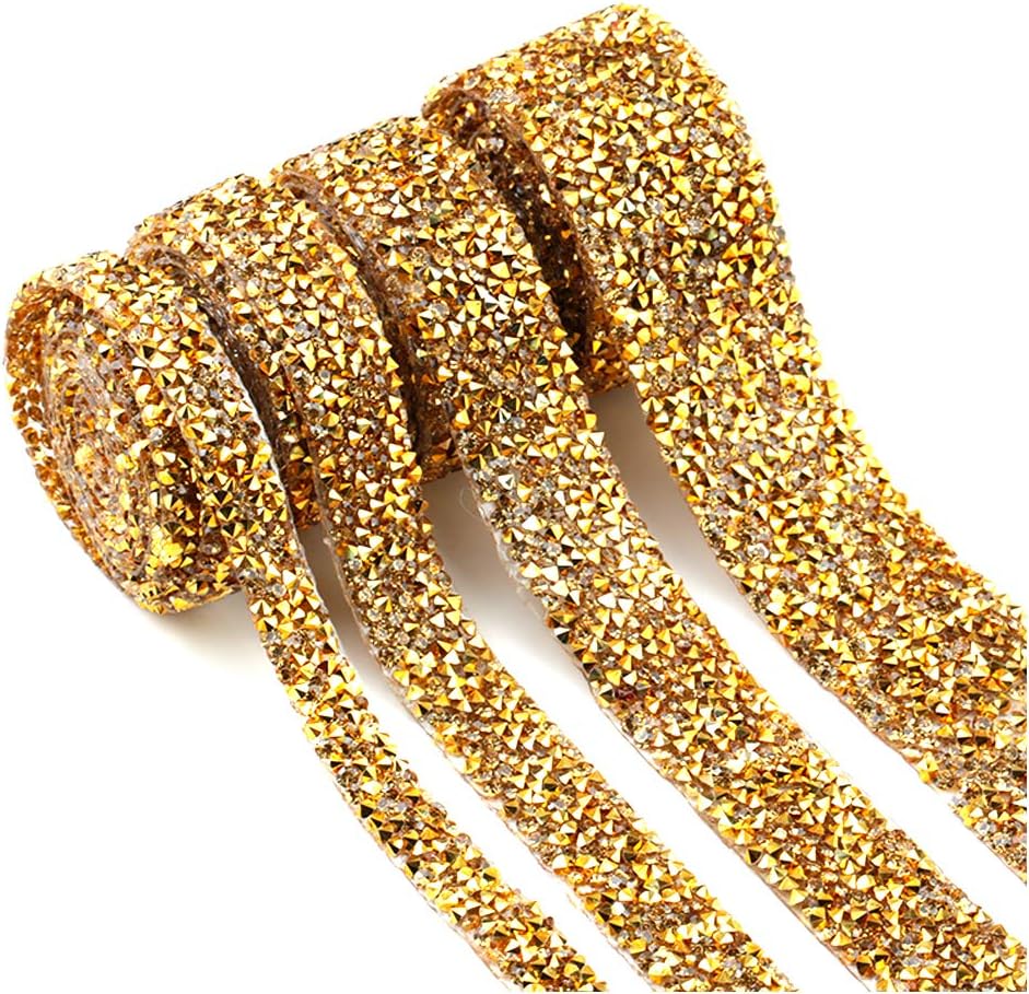Dowarm 3 Yards Rhinestone Ribbon, Rhinestone Ribbon Roll, Bling Hotfix Rhinestones Mesh Wrap, Sewing Rhinestone Trim for Wedding Party Decoration (Gold, 3CM / 1.18inch Width)
