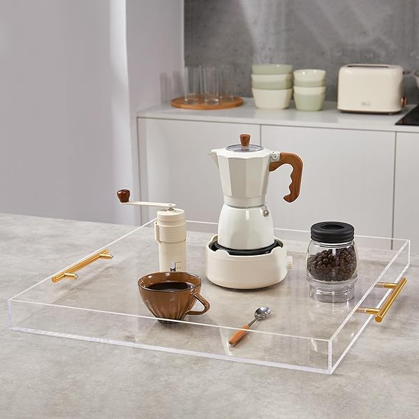 EXTRA LARGE CLEAR ACRYLIC SERVING TRAY (21×21 INCHES) WITH GOLD HANDLES SPILL PROOF ACRYLIC OVER SIZE BIG DECORATIVE TRAY ORGANISER FOR OTTOMAN COFFEE TABLE COUNTERTOP