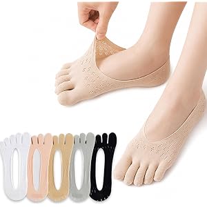 TANYOOTO 5 Pairs Women's No Show Five Toe Socks, Breathable Finger Liner Socks with Non-Slip Silicone Grip, Low Cut Invisible